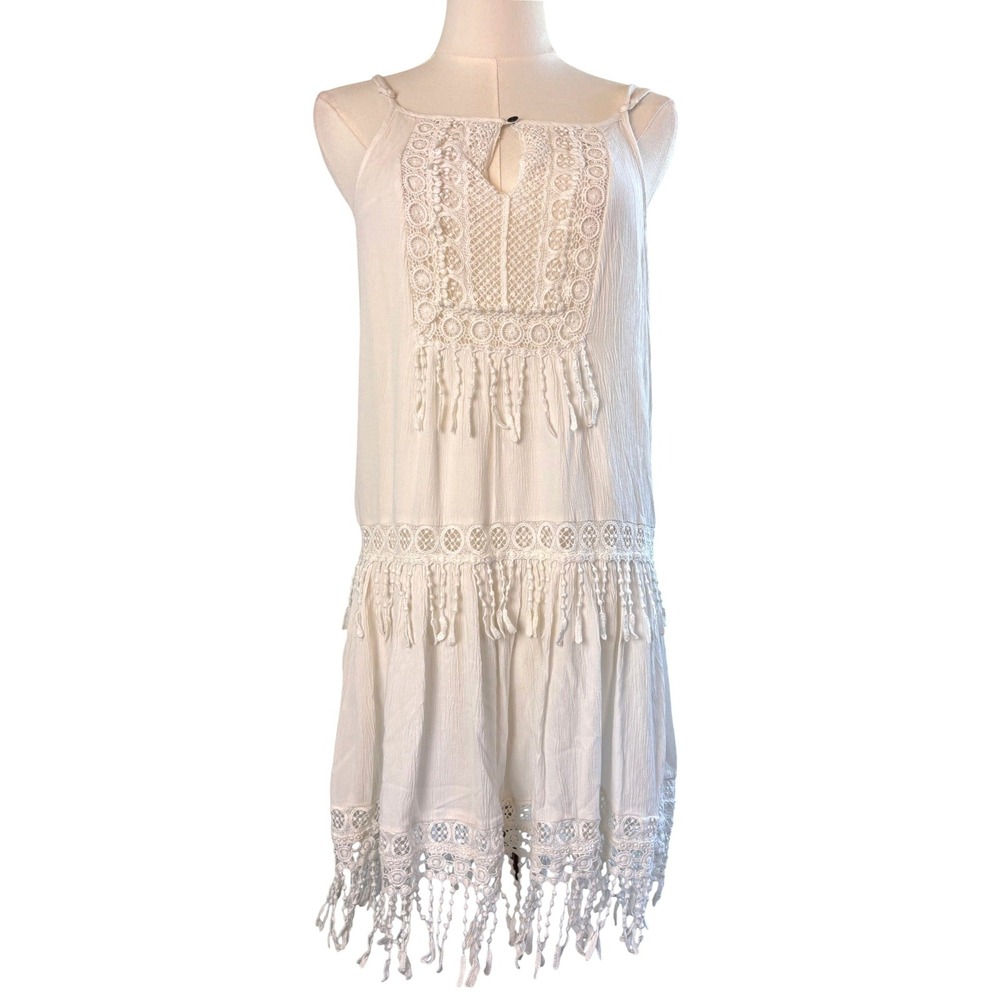 American Eagle Mini Dress White Womens Size S Boho Crochet Tassel Gauze Festival
